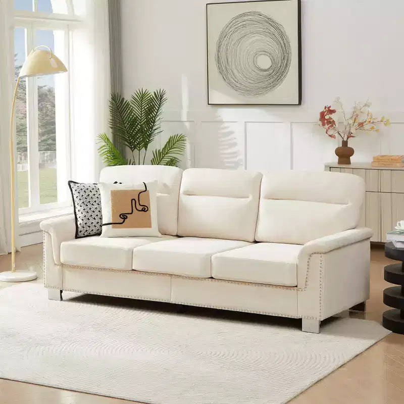 Okak Modern Snowfleece Fabric 3-Seater Long Sofa with Rolled Arms,Compressed Upholstered Couch for Living Room,Apartment