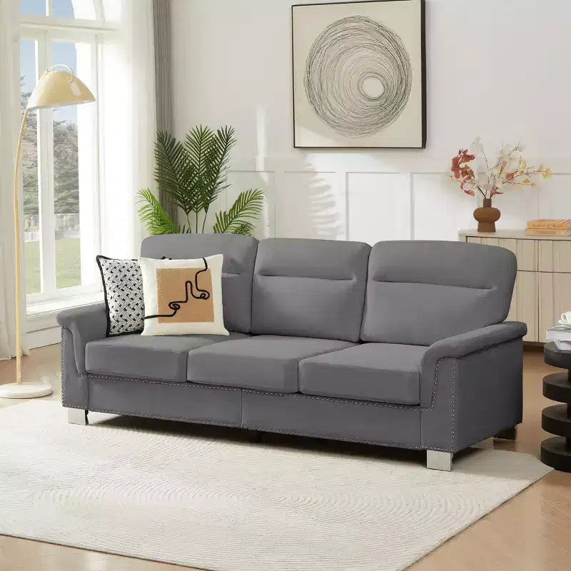 Okak Modern Snowfleece Fabric 3-Seater Long Sofa with Rolled Arms,Compressed Upholstered Couch for Living Room,Apartment