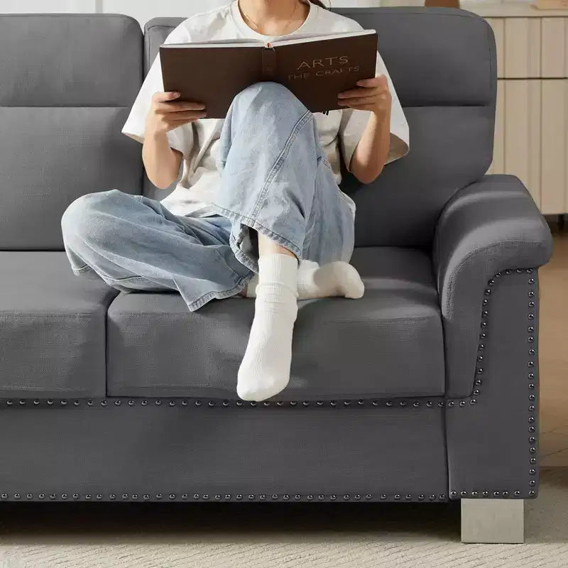 Okak Modern Snowfleece Fabric 3-Seater Long Sofa with Rolled Arms,Compressed Upholstered Couch for Living Room,Apartment