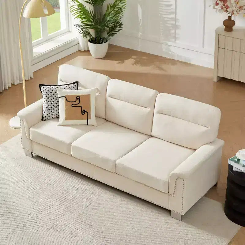 Okak Modern Snowfleece Fabric 3-Seater Long Sofa with Rolled Arms,Compressed Upholstered Couch for Living Room,Apartment