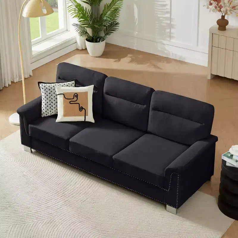 Okak Modern Snowfleece Fabric 3-Seater Long Sofa with Rolled Arms,Compressed Upholstered Couch for Living Room,Apartment