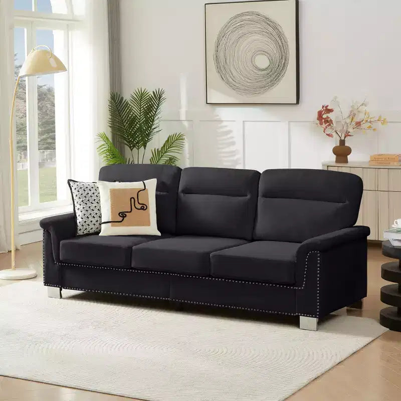 Okak Modern Snowfleece Fabric 3-Seater Long Sofa with Rolled Arms,Compressed Upholstered Couch for Living Room,Apartment