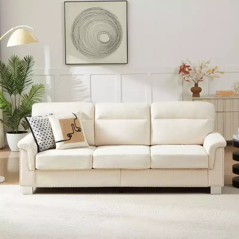 Okak Modern Snowfleece Fabric 3-Seater Long Sofa with Rolled Arms,Compressed Upholstered Couch for Living Room,Apartment
