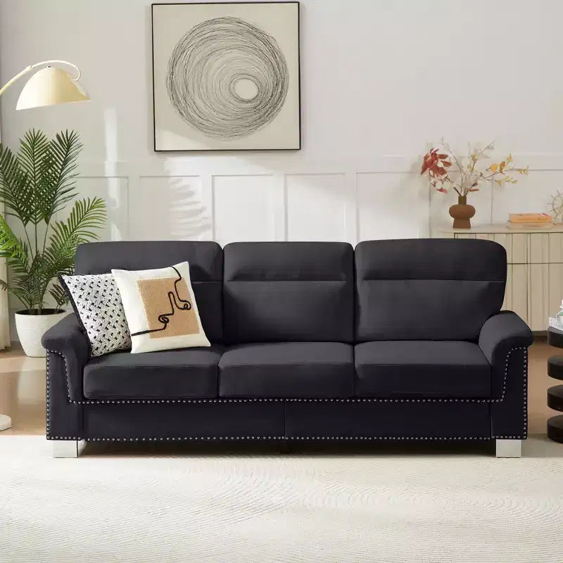 Okak Modern Snowfleece Fabric 3-Seater Long Sofa with Rolled Arms,Compressed Upholstered Couch for Living Room,Apartment