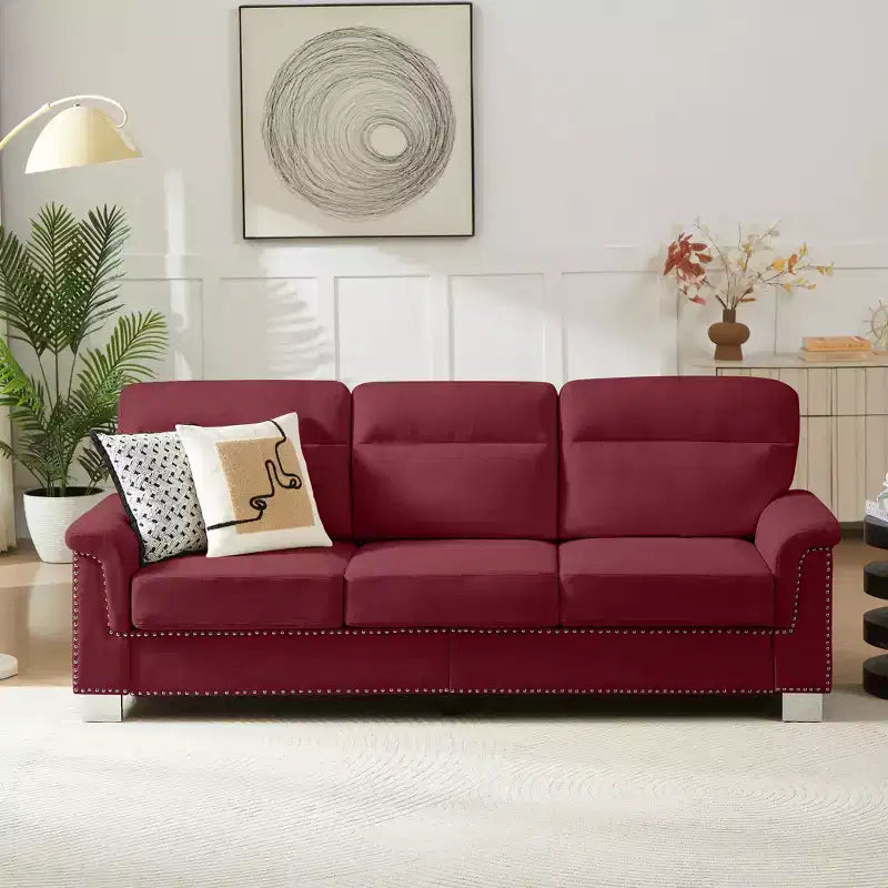 Okak Modern Snowfleece Fabric 3-Seater Long Sofa with Rolled Arms,Compressed Upholstered Couch for Living Room,Apartment