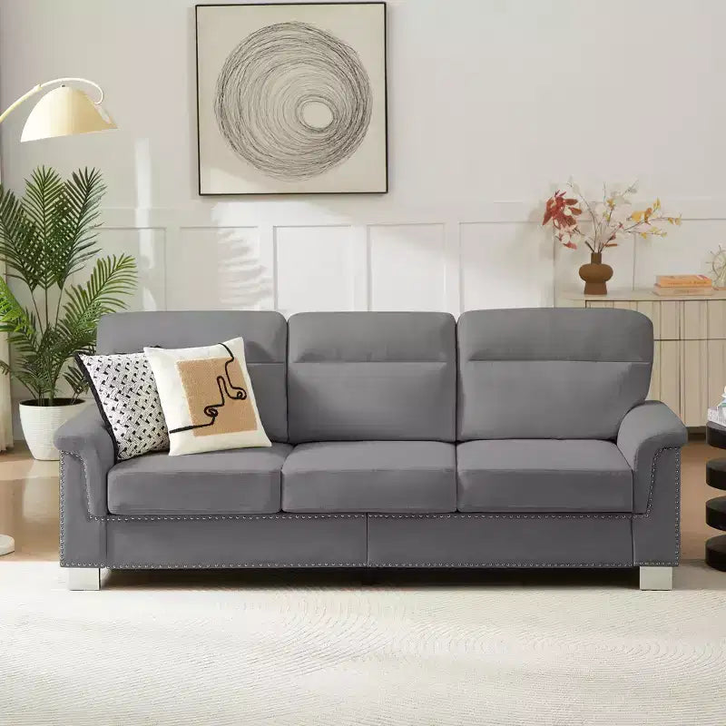 Okak Modern Snowfleece Fabric 3-Seater Long Sofa with Rolled Arms,Compressed Upholstered Couch for Living Room,Apartment