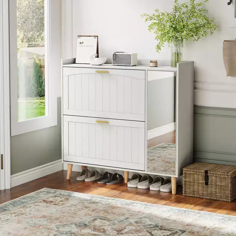 Wooden Shoe Cabinet with Mirror, 2 Flip Drawers & Side Storage Cabinet, Freestanding Modern Shoe Storage with Adjustable Shelves for Hallway, Bedroom
