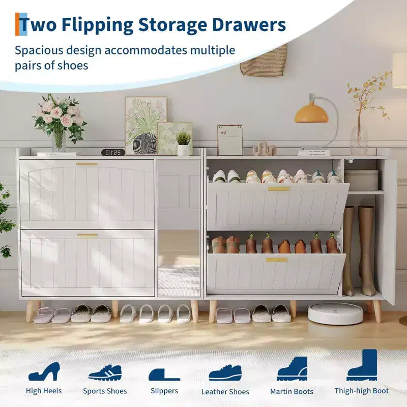 Wooden Shoe Cabinet with Mirror, 2 Flip Drawers & Side Storage Cabinet, Freestanding Modern Shoe Storage with Adjustable Shelves for Hallway, Bedroom