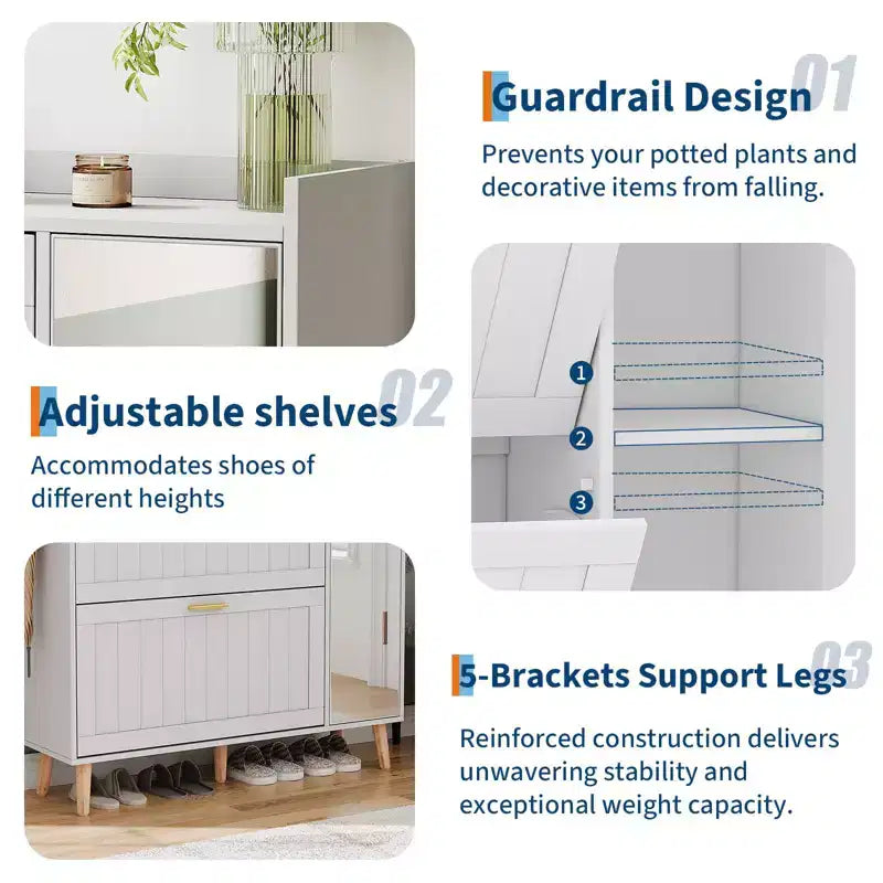 Wooden Shoe Cabinet with Mirror, 2 Flip Drawers & Side Storage Cabinet, Freestanding Modern Shoe Storage with Adjustable Shelves for Hallway, Bedroom