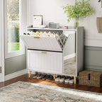 Wooden Shoe Cabinet with Mirror, 2 Flip Drawers & Side Storage Cabinet, Freestanding Modern Shoe Storage with Adjustable Shelves for Hallway, Bedroom