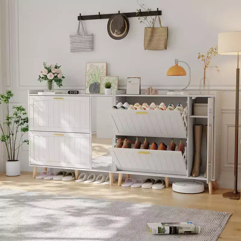 Wooden Shoe Cabinet with Mirror, 2 Flip Drawers & Side Storage Cabinet, Freestanding Modern Shoe Storage with Adjustable Shelves for Hallway, Bedroom