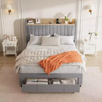 Cadre de lit double avec tête de lit de rangement et station de recharge, plateforme capitonnée avec tiroir de rangement, support à lattes en bois, silencieux, beige
