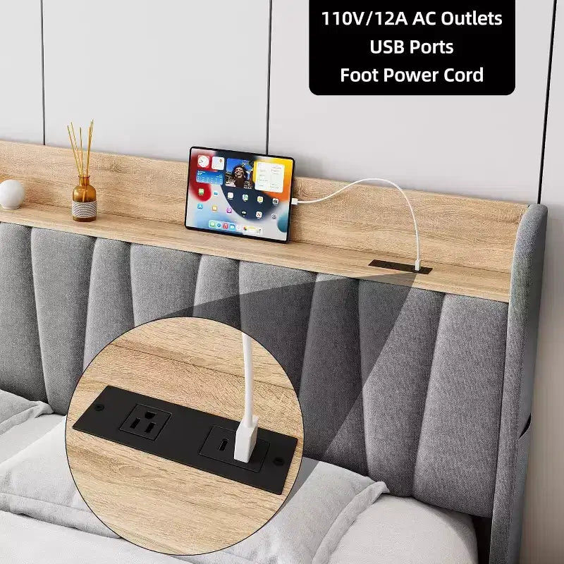 Cadre de lit double avec tête de lit de rangement et station de recharge, plateforme capitonnée avec tiroir de rangement, support à lattes en bois, silencieux, beige