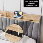 Cadre de lit double avec tête de lit de rangement et station de recharge, plateforme capitonnée avec tiroir de rangement, support à lattes en bois, silencieux, beige