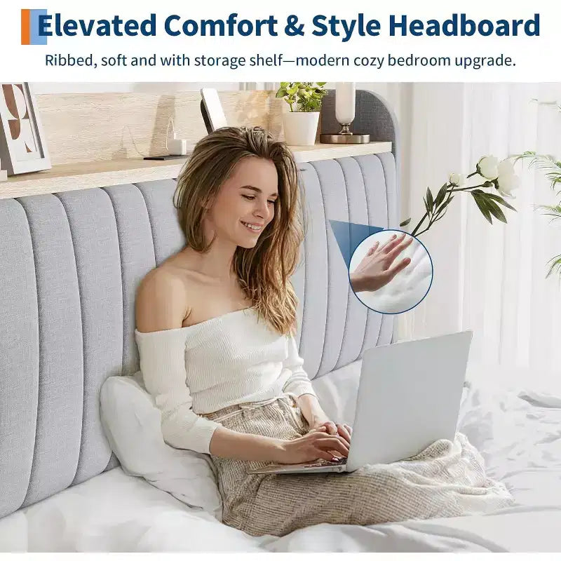 Cadre de lit double avec tête de lit de rangement et station de recharge, plateforme capitonnée avec tiroir de rangement, support à lattes en bois, silencieux, beige