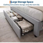 Cadre de lit double avec tête de lit de rangement et station de recharge, plateforme capitonnée avec tiroir de rangement, support à lattes en bois, silencieux, beige