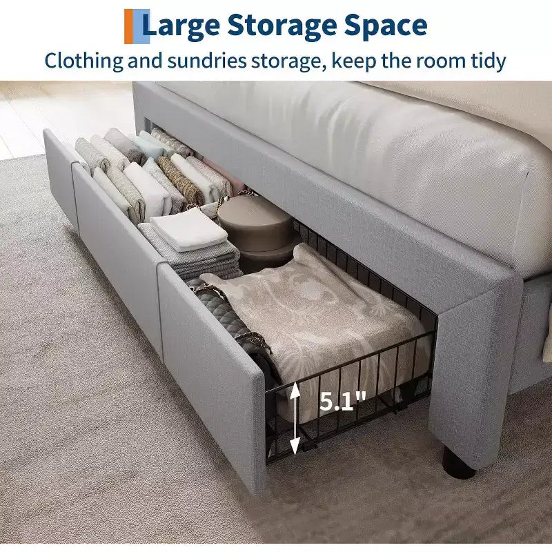 Cadre de lit double avec tête de lit de rangement et station de recharge, plateforme capitonnée avec tiroir de rangement, support à lattes en bois, silencieux, beige