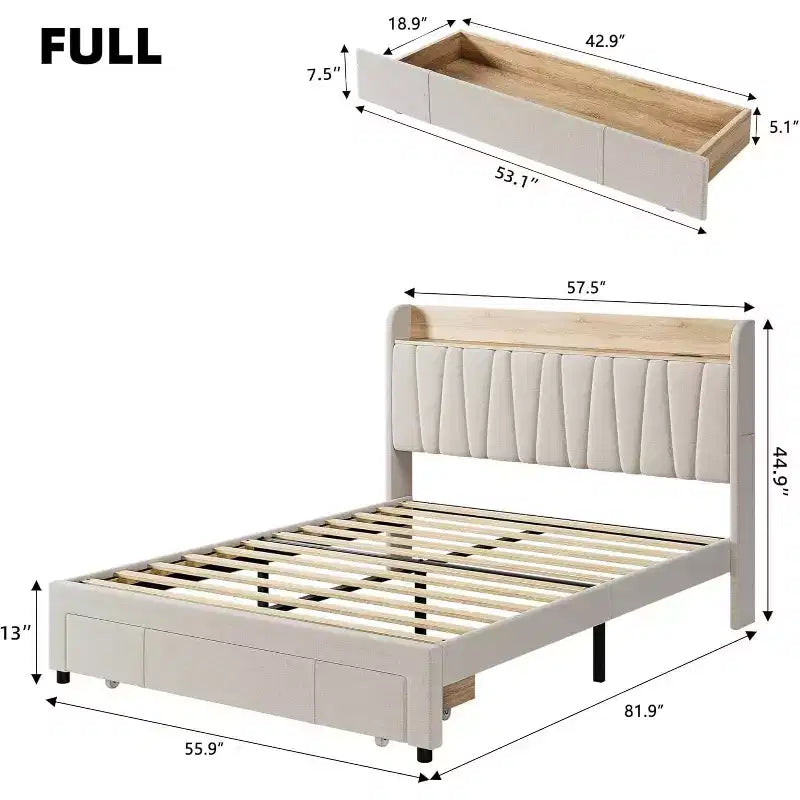 Cadre de lit double avec tête de lit de rangement et station de recharge, plateforme capitonnée avec tiroir de rangement, support à lattes en bois, silencieux, beige