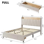 Cadre de lit double avec tête de lit de rangement et station de recharge, plateforme capitonnée avec tiroir de rangement, support à lattes en bois, silencieux, beige