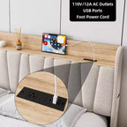 Cadre de lit double avec tête de lit de rangement et station de recharge, plateforme capitonnée avec tiroir de rangement, support à lattes en bois, silencieux, beige