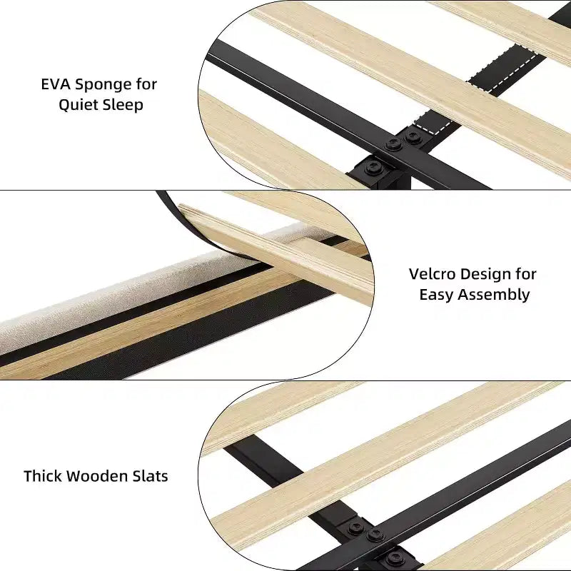 Cadre de lit double avec tête de lit de rangement et station de recharge, plateforme capitonnée avec tiroir de rangement, support à lattes en bois, silencieux, beige