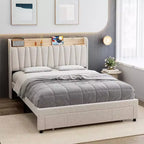 Cadre de lit double avec tête de lit de rangement et station de recharge, plateforme capitonnée avec tiroir de rangement, support à lattes en bois, silencieux, beige