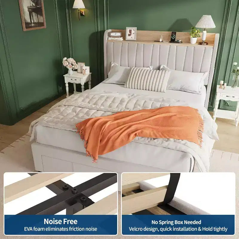 Cadre de lit double avec tête de lit de rangement et station de recharge, plateforme capitonnée avec tiroir de rangement, support à lattes en bois, silencieux, beige