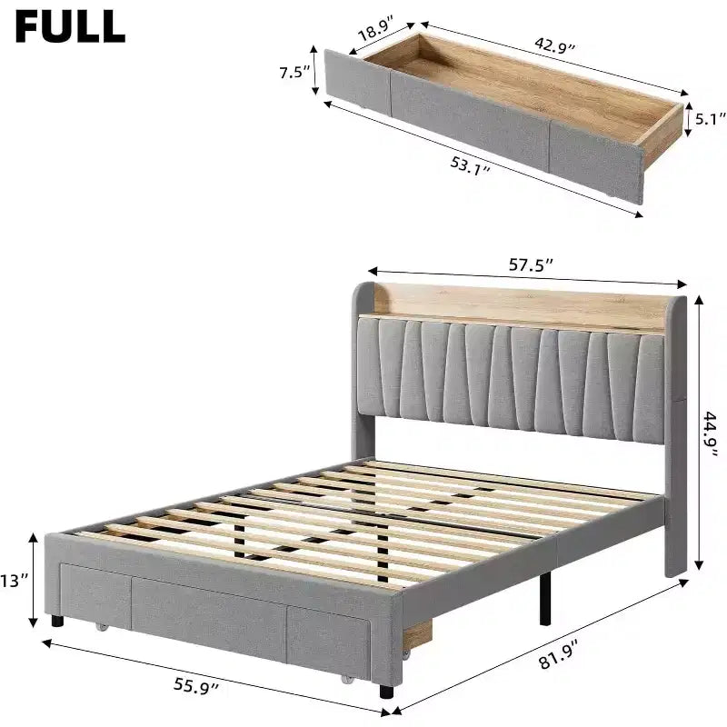 Cadre de lit double avec tête de lit de rangement et station de recharge, plateforme capitonnée avec tiroir de rangement, support à lattes en bois, silencieux, beige
