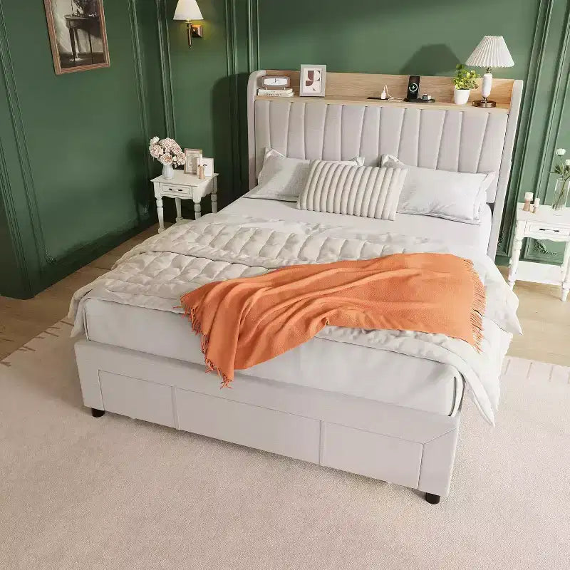 Full Size Bed Frame with Storage Headboard & Charging Station,Upholstered Platform with Storage Drawer, Wooden Slat Support, Noise-Free, Beige