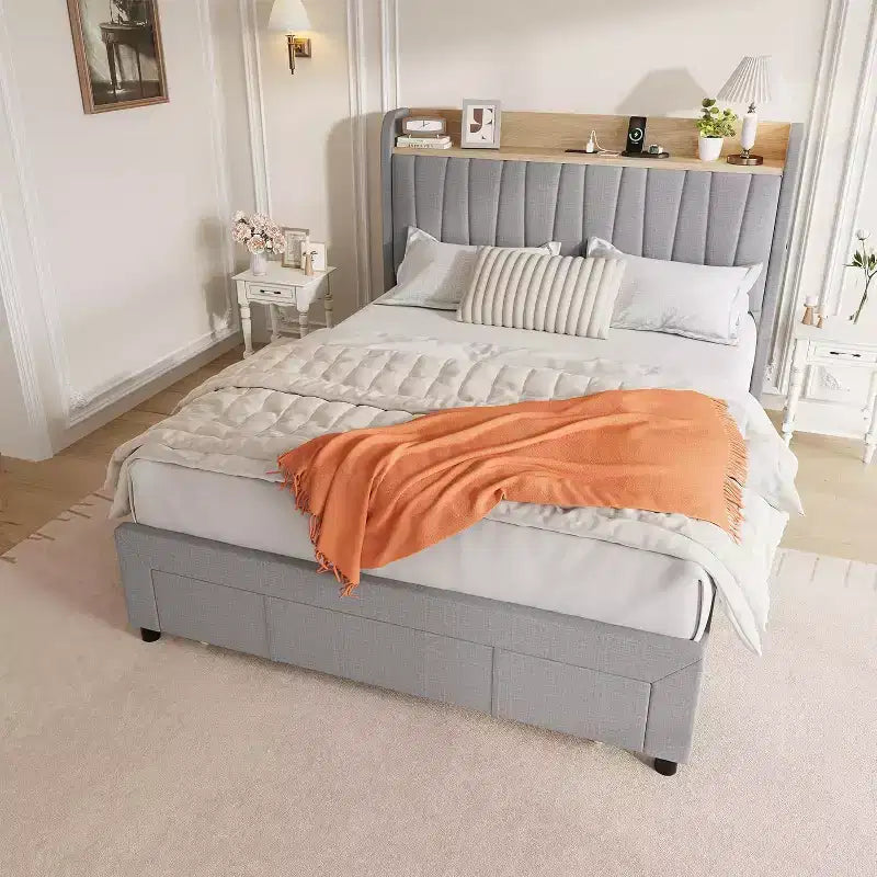 Cadre de lit double avec tête de lit de rangement et station de recharge, plateforme capitonnée avec tiroir de rangement, support à lattes en bois, silencieux, beige