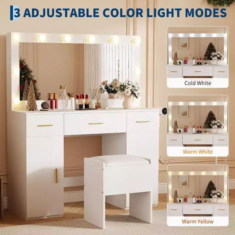 Coiffeuse avec miroir et lumières, Grande coiffeuse de maquillage avec prise de courant et tabouret, Coiffeuse blanche pour chambre à coucher et dressing