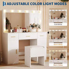 Coiffeuse avec miroir et lumières, Grande coiffeuse de maquillage avec prise de courant et tabouret, Coiffeuse blanche pour chambre à coucher et dressing