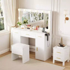 Coiffeuse avec miroir et lumières, Grande coiffeuse de maquillage avec prise de courant et tabouret, Coiffeuse blanche pour chambre à coucher et dressing