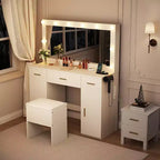 Coiffeuse avec miroir et lumières, Grande coiffeuse de maquillage avec prise de courant et tabouret, Coiffeuse blanche pour chambre à coucher et dressing