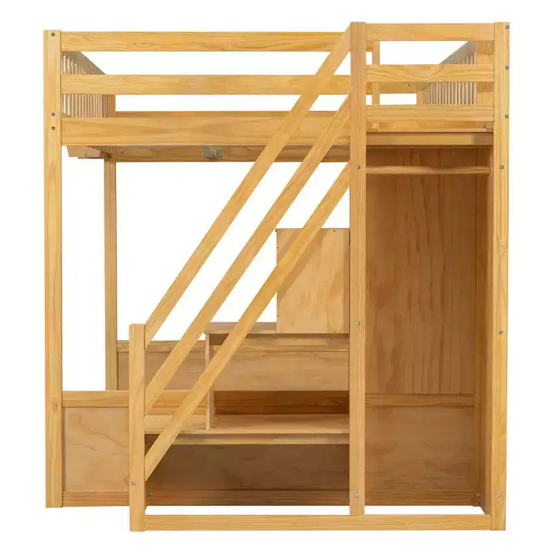 Cadre de lit mezzanine en bois Queen Size Whisen avec escalier et armoire, étagères de rangement et espace sous le lit