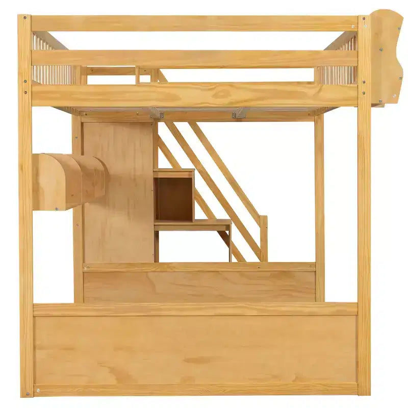 Cadre de lit mezzanine en bois Queen Size Whisen avec escalier et armoire, étagères de rangement et espace sous le lit