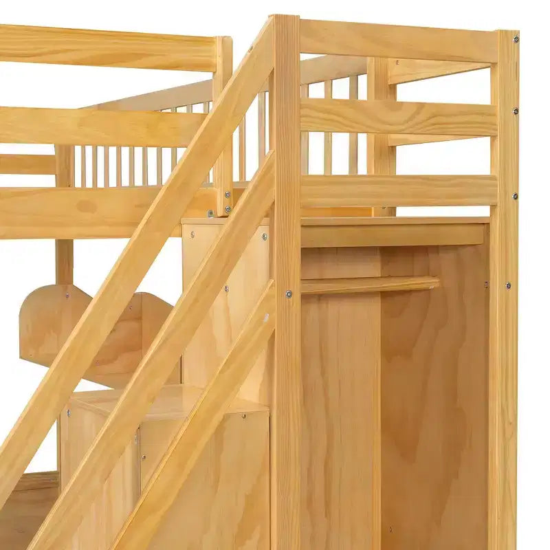 Cadre de lit mezzanine en bois Queen Size Whisen avec escalier et armoire, étagères de rangement et espace sous le lit