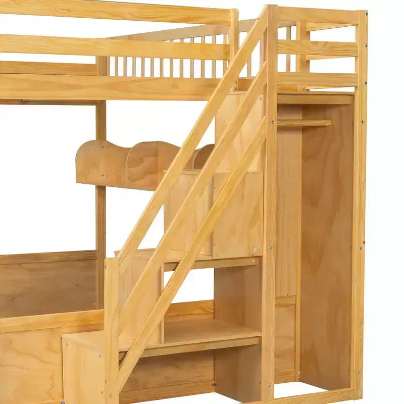 Cadre de lit mezzanine en bois Queen Size Whisen avec escalier et armoire, étagères de rangement et espace sous le lit