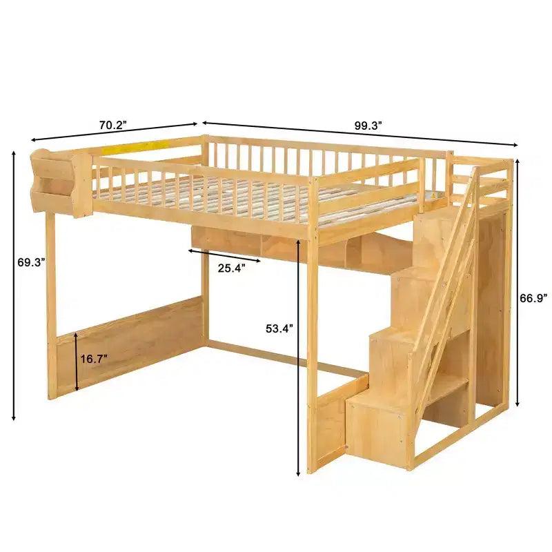 Cadre de lit mezzanine en bois Queen Size Whisen avec escalier et armoire, étagères de rangement et espace sous le lit