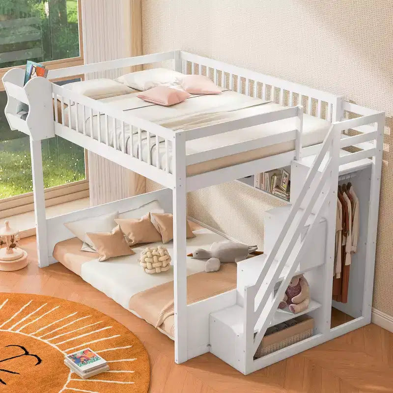 Cadre de lit mezzanine en bois Queen Size Whisen avec escalier et armoire, étagères de rangement et espace sous le lit