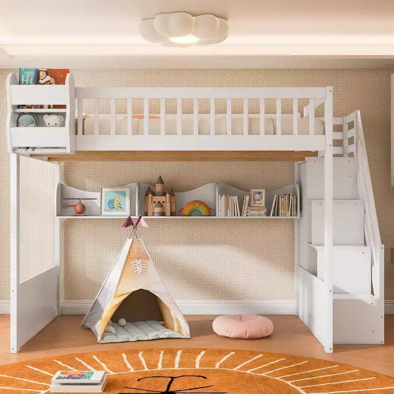 Cadre de lit mezzanine en bois Queen Size Whisen avec escalier et armoire, étagères de rangement et espace sous le lit
