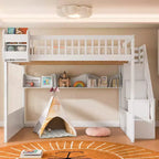 Cadre de lit mezzanine en bois Queen Size Whisen avec escalier et armoire, étagères de rangement et espace sous le lit