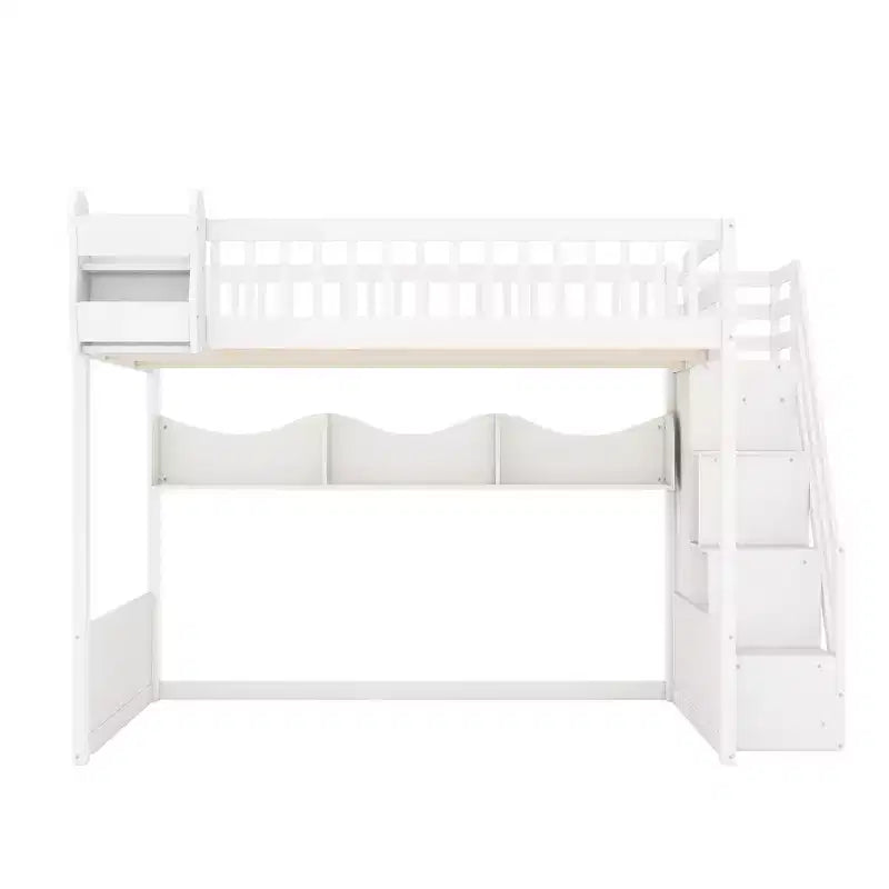 Cadre de lit mezzanine en bois Queen Size Whisen avec escalier et armoire, étagères de rangement et espace sous le lit