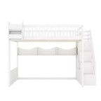 Cadre de lit mezzanine en bois Queen Size Whisen avec escalier et armoire, étagères de rangement et espace sous le lit