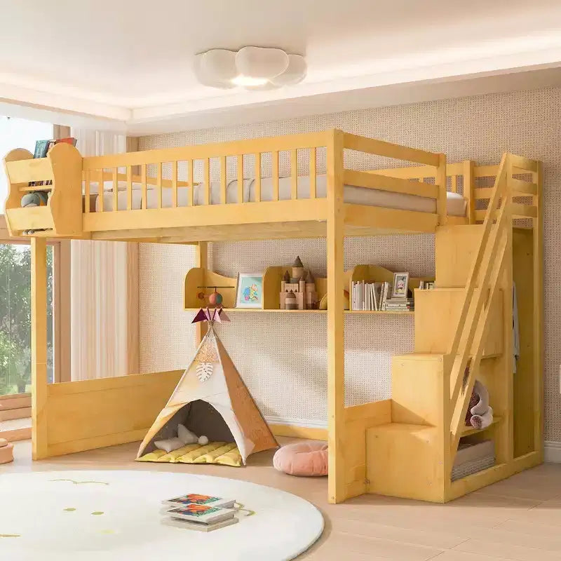 Cadre de lit mezzanine en bois Queen Size Whisen avec escalier et armoire, étagères de rangement et espace sous le lit