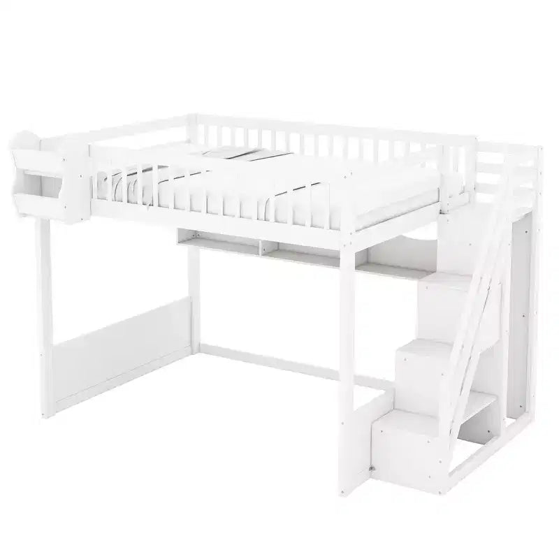 Cadre de lit mezzanine en bois Queen Size Whisen avec escalier et armoire, étagères de rangement et espace sous le lit
