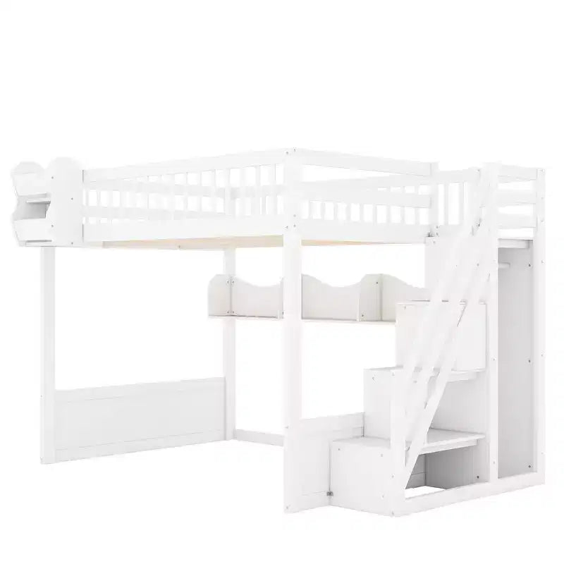 Cadre de lit mezzanine en bois Queen Size Whisen avec escalier et armoire, étagères de rangement et espace sous le lit