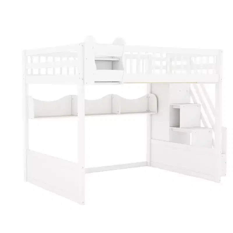 Cadre de lit mezzanine en bois Queen Size Whisen avec escalier et armoire, étagères de rangement et espace sous le lit