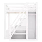 Cadre de lit mezzanine en bois Queen Size Whisen avec escalier et armoire, étagères de rangement et espace sous le lit