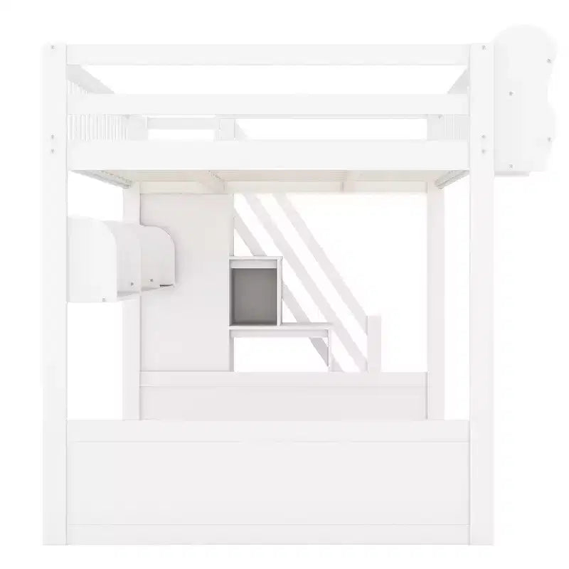 Cadre de lit mezzanine en bois Queen Size Whisen avec escalier et armoire, étagères de rangement et espace sous le lit